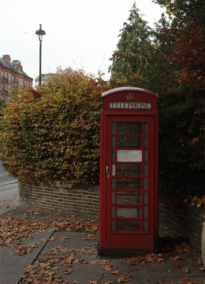 A red telephone box on an autumn street in London