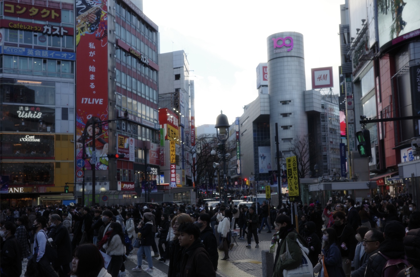 Crowds crossing a busy street in Shibuya, Tokyo