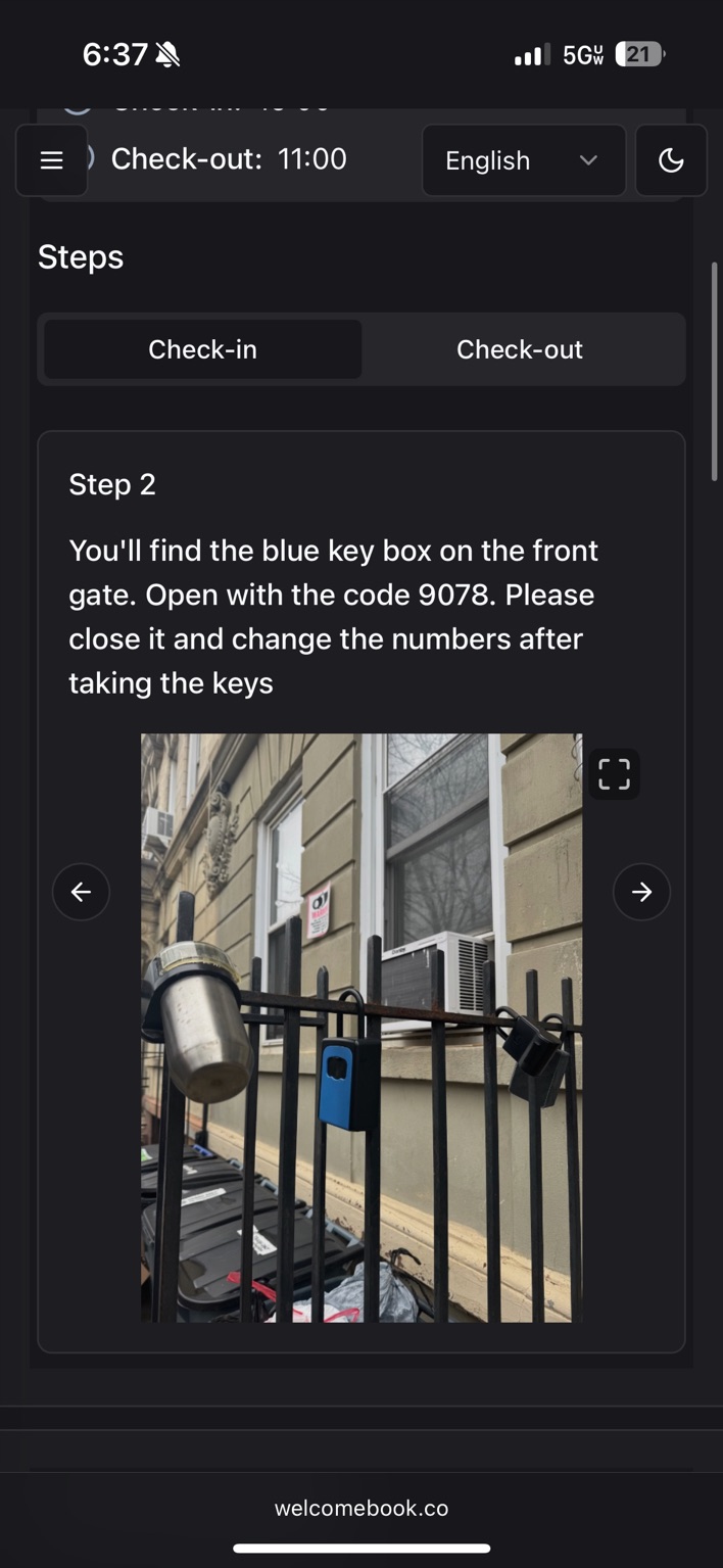 Photo-based key box check-in instructions in a welcomebook