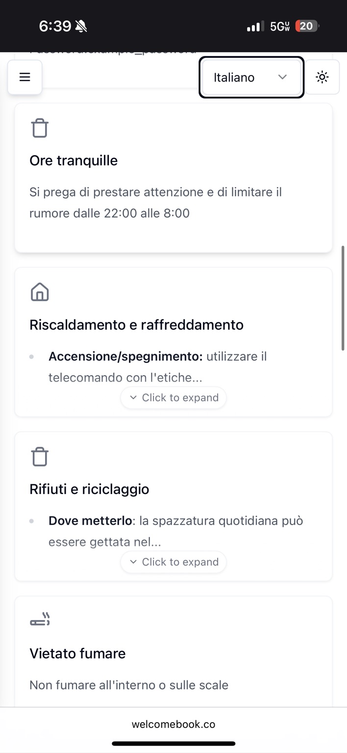 House rules and property information translated into Italian