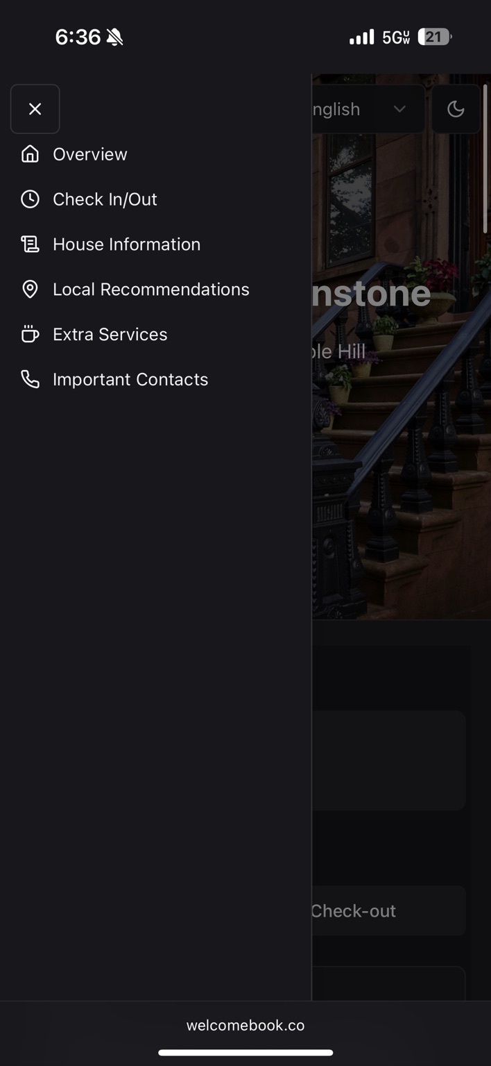 Welcomebook navigation menu open on a phone